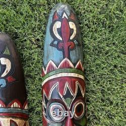 (2) Art Populaire Tribal Ethnographique Masque Tiki Sculpté en Bois Visage Long Peint 20