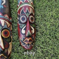 (2) Art Populaire Tribal Ethnographique Masque Tiki Sculpté en Bois Visage Long Peint 20