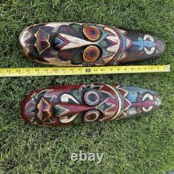 (2) Art Populaire Tribal Ethnographique Masque Tiki Sculpté en Bois Visage Long Peint 20