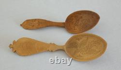 2 CUILLÈRES EN BOIS ANTIQUES NORVÉGIENNES SCULPTÉES EN ART POPULAIRE DE 7 1/2 ET 7 POUCES DE LONGUEUR