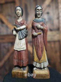 (2) Figure coloniale espagnole en bois sculpté d'art populaire religieux vintage RARE