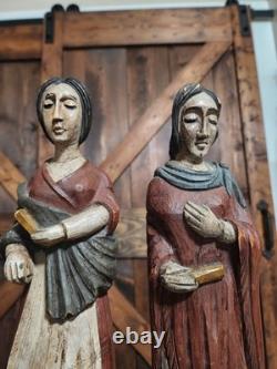 (2) Figure coloniale espagnole en bois sculpté d'art populaire religieux vintage RARE