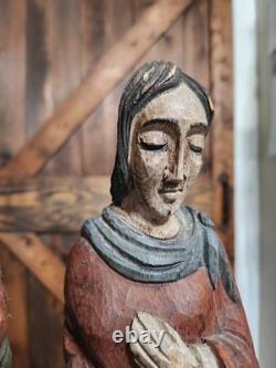 (2) Figure coloniale espagnole en bois sculpté d'art populaire religieux vintage RARE