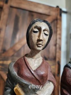 (2) Figure coloniale espagnole en bois sculpté d'art populaire religieux vintage RARE
