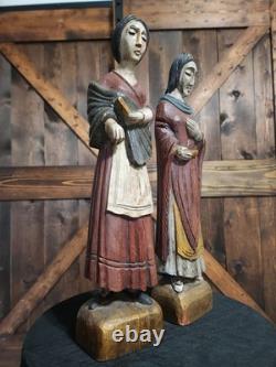 (2) Figure coloniale espagnole en bois sculpté d'art populaire religieux vintage RARE