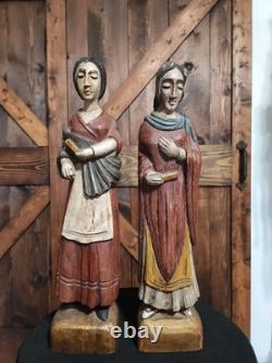 (2) Figure coloniale espagnole en bois sculpté d'art populaire religieux vintage RARE