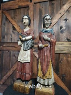 (2) Figure coloniale espagnole en bois sculpté d'art populaire religieux vintage RARE