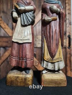 (2) Figure coloniale espagnole en bois sculpté d'art populaire religieux vintage RARE