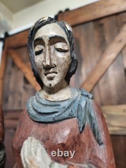 (2) Figure coloniale espagnole en bois sculpté d'art populaire religieux vintage RARE