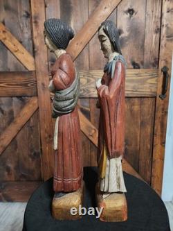 (2) Figure coloniale espagnole en bois sculpté d'art populaire religieux vintage RARE