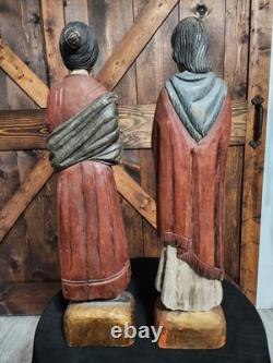 (2) Figure coloniale espagnole en bois sculpté d'art populaire religieux vintage RARE