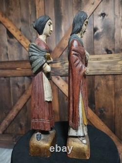 (2) Figure coloniale espagnole en bois sculpté d'art populaire religieux vintage RARE