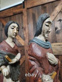 (2) Figure coloniale espagnole en bois sculpté d'art populaire religieux vintage RARE