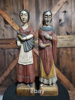 (2) Figure coloniale espagnole en bois sculpté d'art populaire religieux vintage RARE
