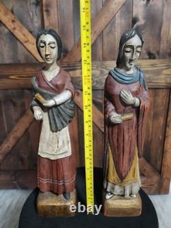 (2) Figure coloniale espagnole en bois sculpté d'art populaire religieux vintage RARE