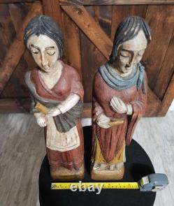 (2) Figure coloniale espagnole en bois sculpté d'art populaire religieux vintage RARE