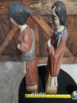 (2) Figure coloniale espagnole en bois sculpté d'art populaire religieux vintage RARE