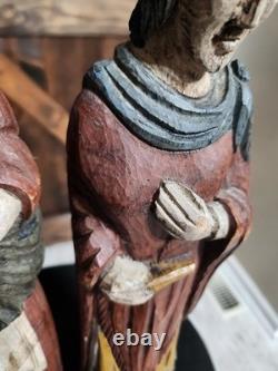 (2) Figure coloniale espagnole en bois sculpté d'art populaire religieux vintage RARE