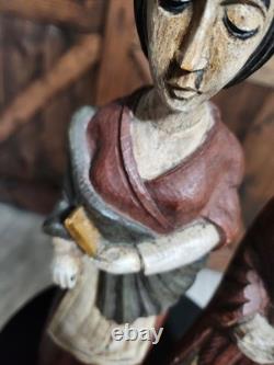 (2) Figure coloniale espagnole en bois sculpté d'art populaire religieux vintage RARE