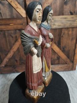 (2) Figure coloniale espagnole en bois sculpté d'art populaire religieux vintage RARE