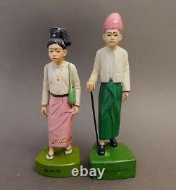 2 Folk Art Figures Asiatiques Statue Main Sculptée Sculpture De Bois Birmanie Indonésie