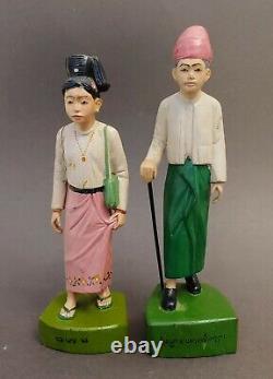 2 Folk Art Figures Asiatiques Statue Main Sculptée Sculpture De Bois Birmanie Indonésie