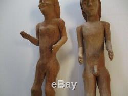 2 Grand Vintage Sculptures En Bois Sculptures D'art Populaire Ada Et Eve Mexique Naive