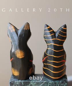 2 Mignon ! Sculptures de Chats en Art Populaire Mexicain ! Paire en Bois Vintage Polychrome Noire des Années 50