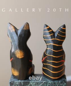 2 Mignon ! Sculptures de Chats en Art Populaire Mexicain ! Paire en Bois Vintage Polychrome Noire des Années 50