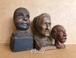 3 Antique Folk Art Primitive Carved Hardwood Heads, Bustes, Old People