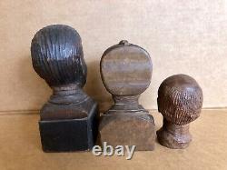 3 Antique Folk Art Primitive Carved Hardwood Heads, Bustes, Old People
