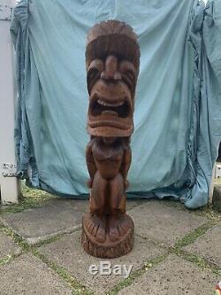 3ft Large Antique Hawaïenne Tiki Sculpté À La Main En Bois K Dieu Statue Folk Art Wow
