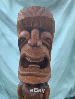 3ft Large Antique Hawaïenne Tiki Sculpté À La Main En Bois K Dieu Statue Folk Art Wow