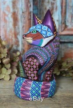 Alebrije Fox Etroitement Peint À La Main À La Main Et Sculpté Art Populaire Mexicain Oaxaca