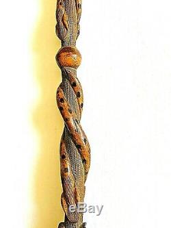 American 19ème Siècle Antique Bois Folk Art Sculpté À La Main Serpent Walking Cane 32