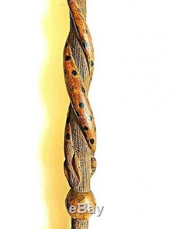 American 19ème Siècle Antique Bois Folk Art Sculpté À La Main Serpent Walking Cane 32