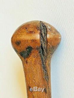 American 19ème Siècle Antique Bois Folk Art Sculpté À La Main Serpent Walking Cane 32