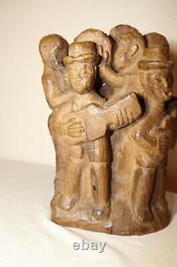 Ancien Folk Art Sculpté À La Main En Bois Figural Musicien Groupe Sculpture Statue Figure