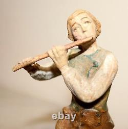 Ancienne Main Sculptée En Bois Figural Musicien Flûte Joueur D'art Populaire Statue Sculpture