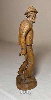 Ancienne Sculpture Figurale Ancienne Barbue Homme Canne Sculpture En Bois Statue Art Populaire