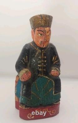 Ancienne figure chinoise en bois sculpté assise, style Qing, art populaire, ancêtre 7