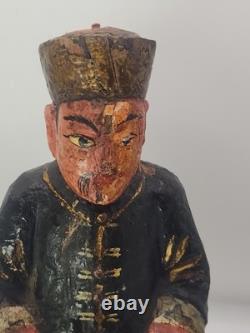 Ancienne figure chinoise en bois sculpté assise, style Qing, art populaire, ancêtre 7
