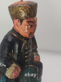 Ancienne figure chinoise en bois sculpté assise, style Qing, art populaire, ancêtre 7