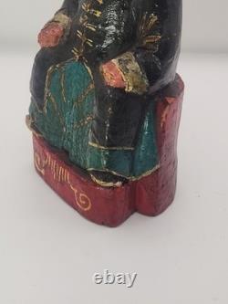 Ancienne figure chinoise en bois sculpté assise, style Qing, art populaire, ancêtre 7