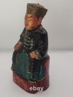 Ancienne figure chinoise en bois sculpté assise, style Qing, art populaire, ancêtre 7 Ancienne figure chinoise en bois sculpté assise, style Qing, art populaire, ancêtre 7