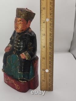 Ancienne figure chinoise en bois sculpté assise, style Qing, art populaire, ancêtre 7