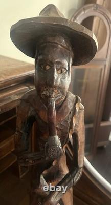 Ancienne statue haïtienne en bois sculptée à la main, rare, faucille à tabac, art populaire MCM 25