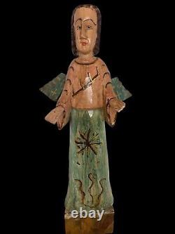 Ange Gardien Rustique Fait Main, Sculpté et Peint, 24 1/2 Pouces de Hauteur, Art Populaire Vintage