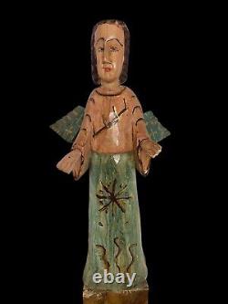 Ange Gardien Rustique Fait Main, Sculpté et Peint, 24 1/2 Pouces de Hauteur, Art Populaire Vintage