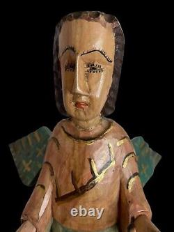 Ange Gardien Rustique Fait Main, Sculpté et Peint, 24 1/2 Pouces de Hauteur, Art Populaire Vintage